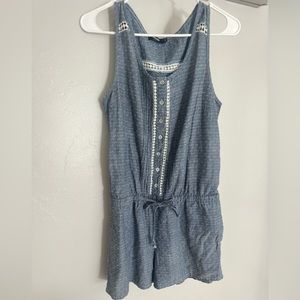 Blue & White Embroidered Romper with Pockets